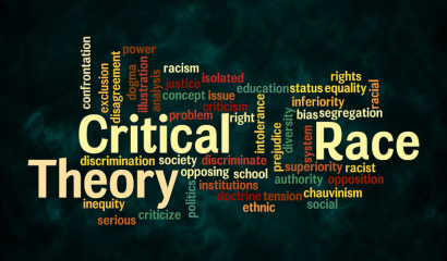 Critical race theory is spelled out in a word cloud, which also shows closely related words.