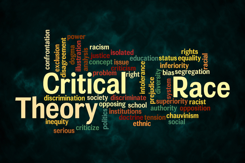 Critical race theory is spelled out in a word cloud, which also shows closely related words.