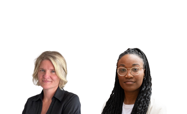 Two women are shoulder to shoulder against a white backdrop.