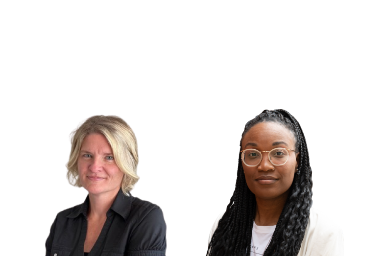 Two women are shoulder to shoulder against a white backdrop.